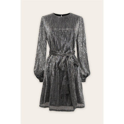 Pleated Mini Dress with Sash Belt-Cinched Waist,Crew Neck,dress,Dress Forum,dresses,Long Sleeve,Mini Dress,Pleated,Pleated Dress,Self Sash Belt,Silver,Women,women's-[option4]-[option5]-[option6]-Bella Bliss Boutique in Texas