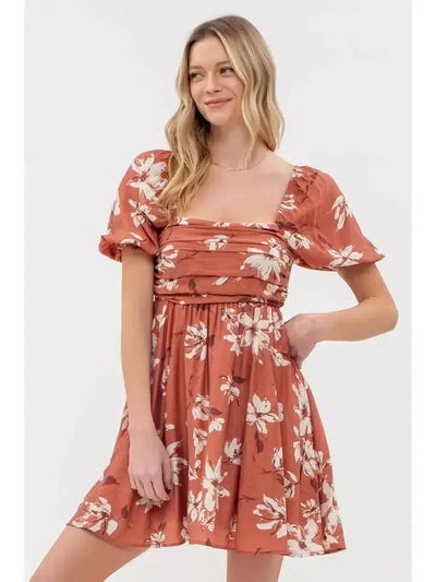 Pleated Puff Sleeve Mini Dress-clothing, dress, dresses, Floral, Floral Print, Mini Dress, Pleated, Pleated Bodice, Pleated Bust, Puff Sleeve, Smocking, Terra Cotta, Women, women's-[option4]-[option5]-[option6]-Bella Bliss Boutique in Texas