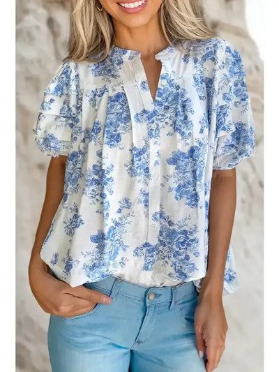 Pleated Puff Sleeve Top-Blue,Button Front,Button Up,clothing,Floral,Floral Print,Pleated,Puff Sleeve,Top,Tops,Women,women's-S-[option4]-[option5]-[option6]-Bella Bliss Boutique in Texas