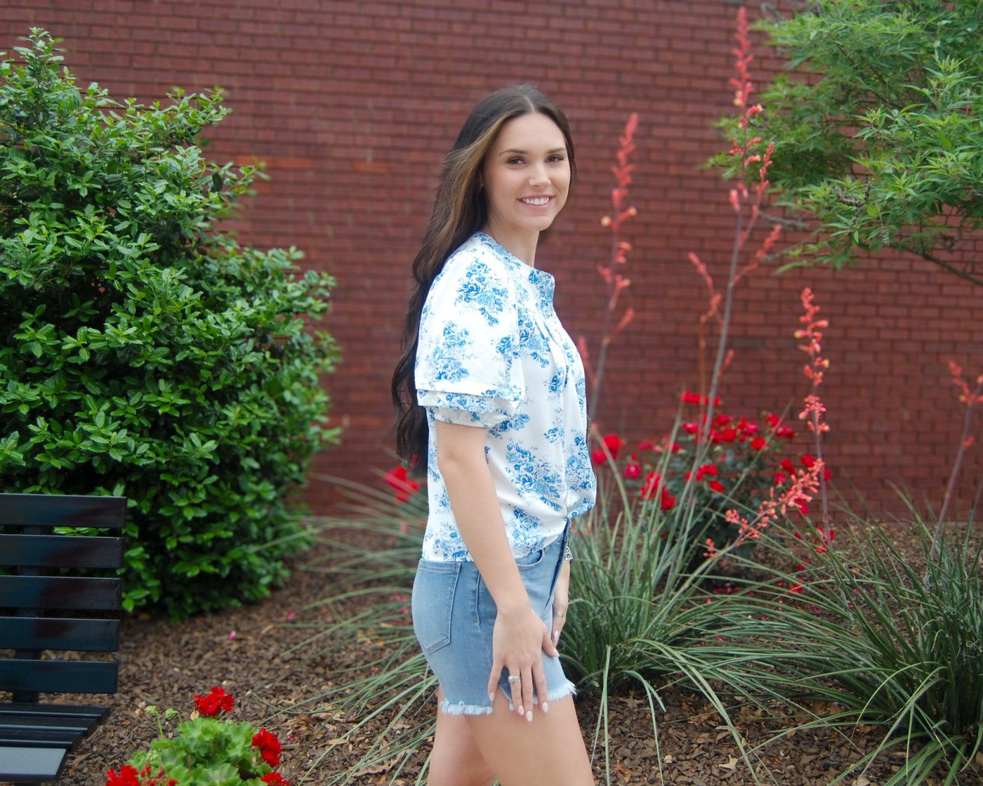 Pleated Puff Sleeve Top-Blue,Button Front,Button Up,clothing,Floral,Floral Print,Pleated,Puff Sleeve,Sale,Top,Tops,Women,women's-[option4]-[option5]-[option6]-Bella Bliss Boutique in Texas