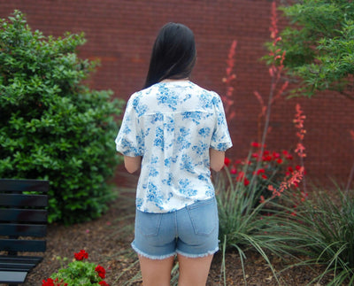Pleated Puff Sleeve Top-Blue,Button Front,Button Up,clothing,Floral,Floral Print,Pleated,Puff Sleeve,Sale,Top,Tops,Women,women's-[option4]-[option5]-[option6]-Bella Bliss Boutique in Texas