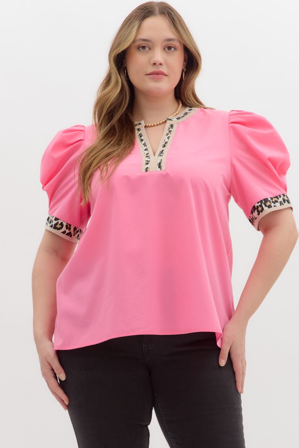 Pleated Puff Sleeve Top-Animal Print,clothing,Curvy,leopard,Leopard Detail,Leopard Print,Pleated,Puff Sleeve,Split Neck,Split Neckline,Split V-Neck,Top,Tops,Women,women's-XL-[option4]-[option5]-[option6]-Bella Bliss Boutique in Texas
