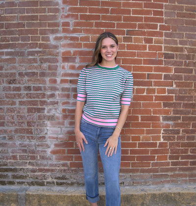 Pointelle Knit Puff Sleeve Sweater-clothing,green,Green Stripe,Green/Pink,Knit Top,Pink,Pink Stripe,Pointelle,Puff Sleeve,Round Neck,Short Sleeve Sweater,Striped,Sweater,Sweaters,Top,Tops,Women,women's-S-[option4]-[option5]-[option6]-Bella Bliss Boutique in Texas