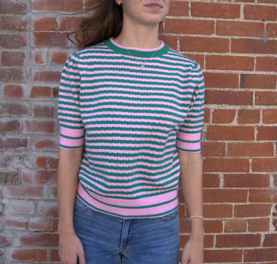 Pointelle Knit Puff Sleeve Sweater-clothing,green,Green Stripe,Green/Pink,Knit Top,Pink,Pink Stripe,Pointelle,Puff Sleeve,Round Neck,Short Sleeve Sweater,Striped,Sweater,Sweaters,Top,Tops,Women,women's-[option4]-[option5]-[option6]-Bella Bliss Boutique in Texas