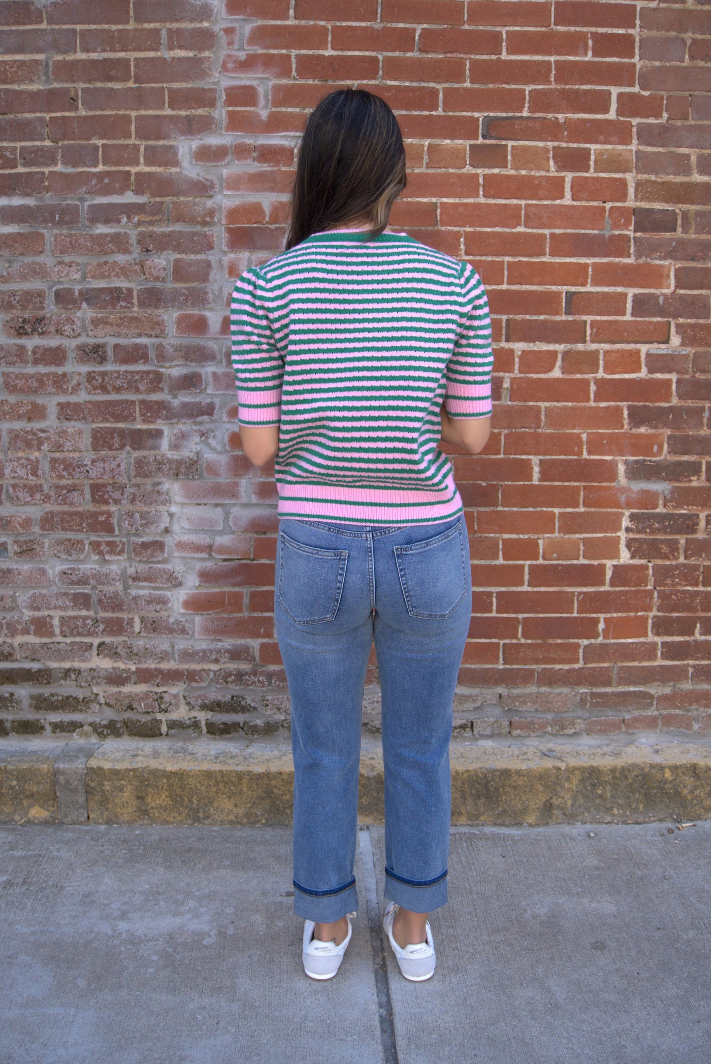 Pointelle Knit Puff Sleeve Sweater-clothing,green,Green Stripe,Green/Pink,Knit Top,Pink,Pink Stripe,Pointelle,Puff Sleeve,Round Neck,Short Sleeve Sweater,Striped,Sweater,Sweaters,Top,Tops,Women,women's-[option4]-[option5]-[option6]-Bella Bliss Boutique in Texas