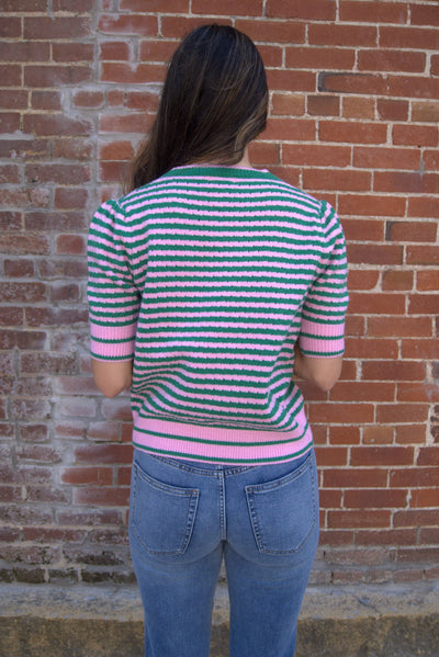 Pointelle Knit Puff Sleeve Sweater-clothing,green,Green Stripe,Green/Pink,Knit Top,Pink,Pink Stripe,Pointelle,Puff Sleeve,Round Neck,Short Sleeve Sweater,Striped,Sweater,Sweaters,Top,Tops,Women,women's-[option4]-[option5]-[option6]-Bella Bliss Boutique in Texas