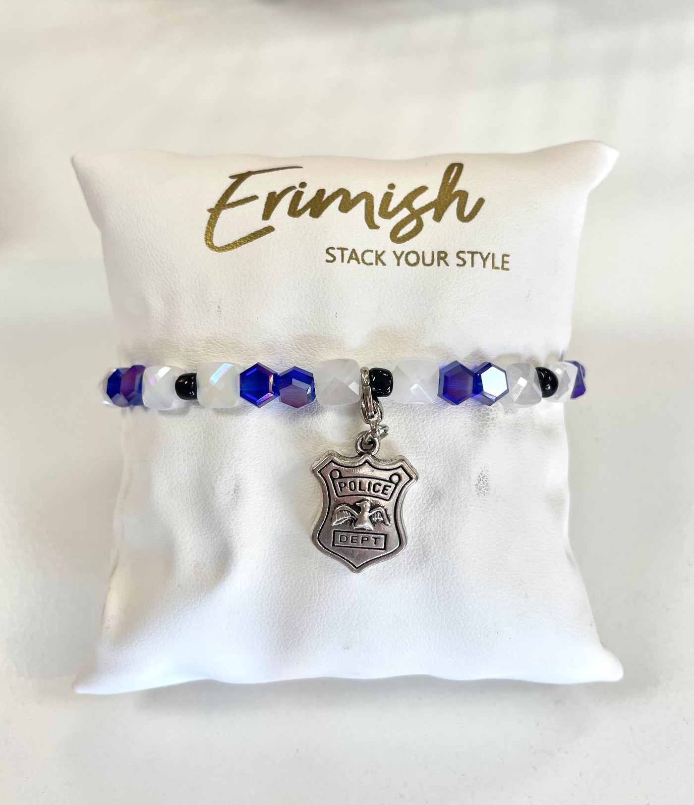 Police Shield Charm Bracelet-Blue,Bracelets,Erimish,One Size,Police Station,Silver,Stackable,Stretch Bracelet,White-[option4]-[option5]-[option6]-Bella Bliss Boutique in Texas