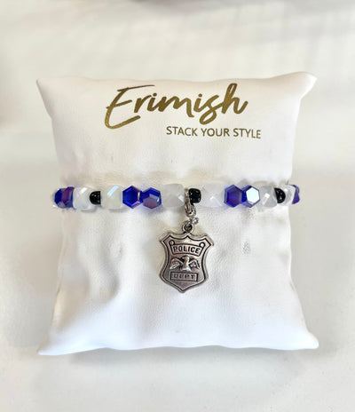 Police Shield Charm Bracelet-Blue,Bracelets,Erimish,One Size,Police Station,Silver,Stackable,Stretch Bracelet,White-[option4]-[option5]-[option6]-Bella Bliss Boutique in Texas