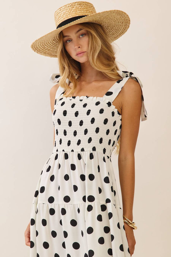 polka dot tiered midi dress Polka Dot Smocked Tiered Midi Dress L