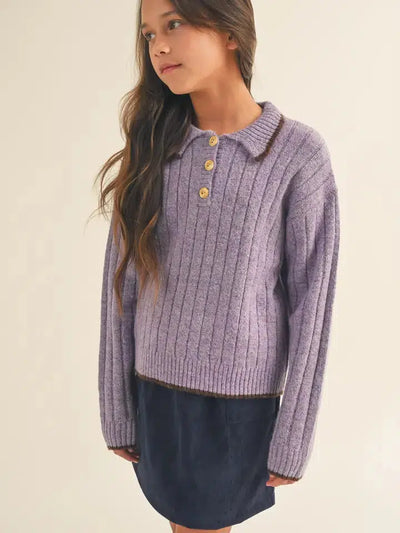 Polo Style Collared Sweater-Button Collar, Children & Tweens, clothing, Collar Piping, Polo Style, Sweater, Sweaters, Top, Tops, Tweens 7-14-7/8-[option4]-[option5]-[option6]-Bella Bliss Boutique in Texas