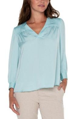 Popover Woven Top-clothing, Long Sleeve, Pastel, Pastel Turquoise, Popover, Top, Tops, V-Neck, women, women's-XS-[option4]-[option5]-[option6]-Bella Bliss Boutique in Texas