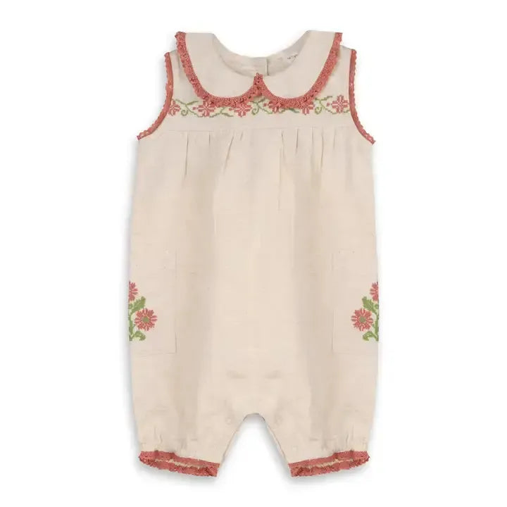Poppy Floral Embroidered Romper-Children & Tweens,clothing,embroidered,Embroidered Detail,Floral,Floral Print,Infant to 6,Jumpsuits & Rompers,lace trim,Lace Trim Hem,Linen Blend,Natural,organic,Poppy,Poppy Floral,romper,Rompers-0/3M-[option4]-[option5]-[option6]-Bella Bliss Boutique in Texas