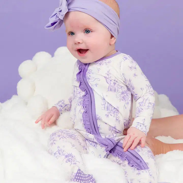 Princess Castle Bamboo Footed Pajama-Bamboo, Children & Tweens, clothing, Footed, Infant to 6, Onsie, Outfit, Pajamas, Princess Castle, purple, Ruffle Detail-[option4]-[option5]-[option6]-Bella Bliss Boutique in Texas