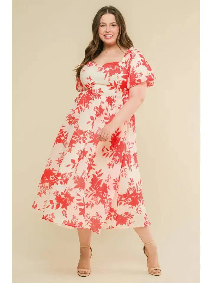 Printed Woven Midi Dress-clothing, Curvy, dress, dresses, Midi Dress, Printed, Puff Sleeve, Sale, Sweetheart Neckline-1XL-[option4]-[option5]-[option6]-Bella Bliss Boutique in Texas