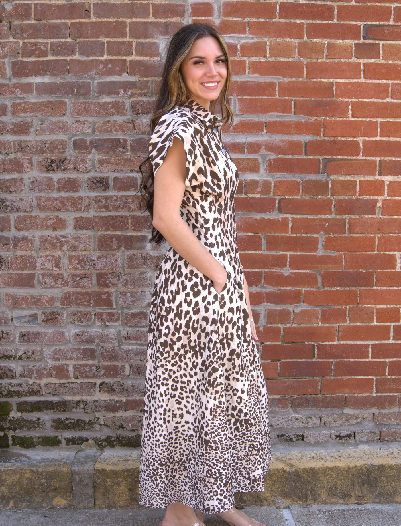 Printed Woven Midi Dress-Animal Print,button down,clothing,Collared,dresses,Fitted Bodice,Flying Tomato,Midi Dress,women's-[option4]-[option5]-[option6]-Bella Bliss Boutique in Texas