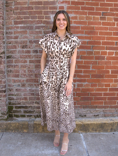 Printed Woven Midi Dress-Animal Print,button down,clothing,Collared,dresses,Fitted Bodice,Flying Tomato,Midi Dress,women's-[option4]-[option5]-[option6]-Bella Bliss Boutique in Texas