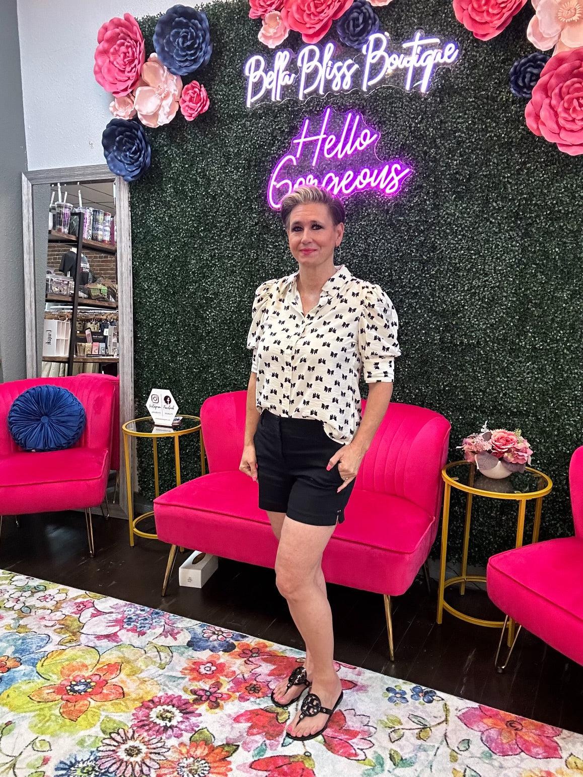 Puff Sleeve Bow Printed Top-Black,Bow,Bow Detail,Bow Printed,clothing,Cream,Puff Sleeve,Sale,Short Sleeve,Top,Tops,Women,women's-[option4]-[option5]-[option6]-Bella Bliss Boutique in Texas