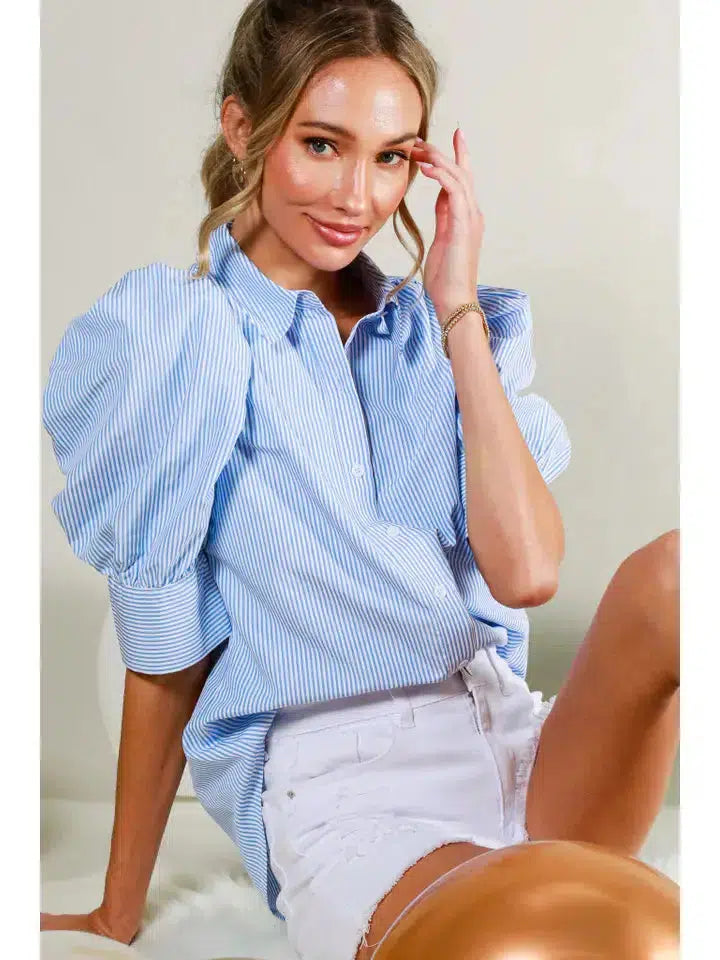 Puff Sleeve Collared Top-Blue, clothing, Collared, Puff Sleeve, stripe, Striped, Top, Tops, Women, women's-[option4]-[option5]-[option6]-Bella Bliss Boutique in Texas