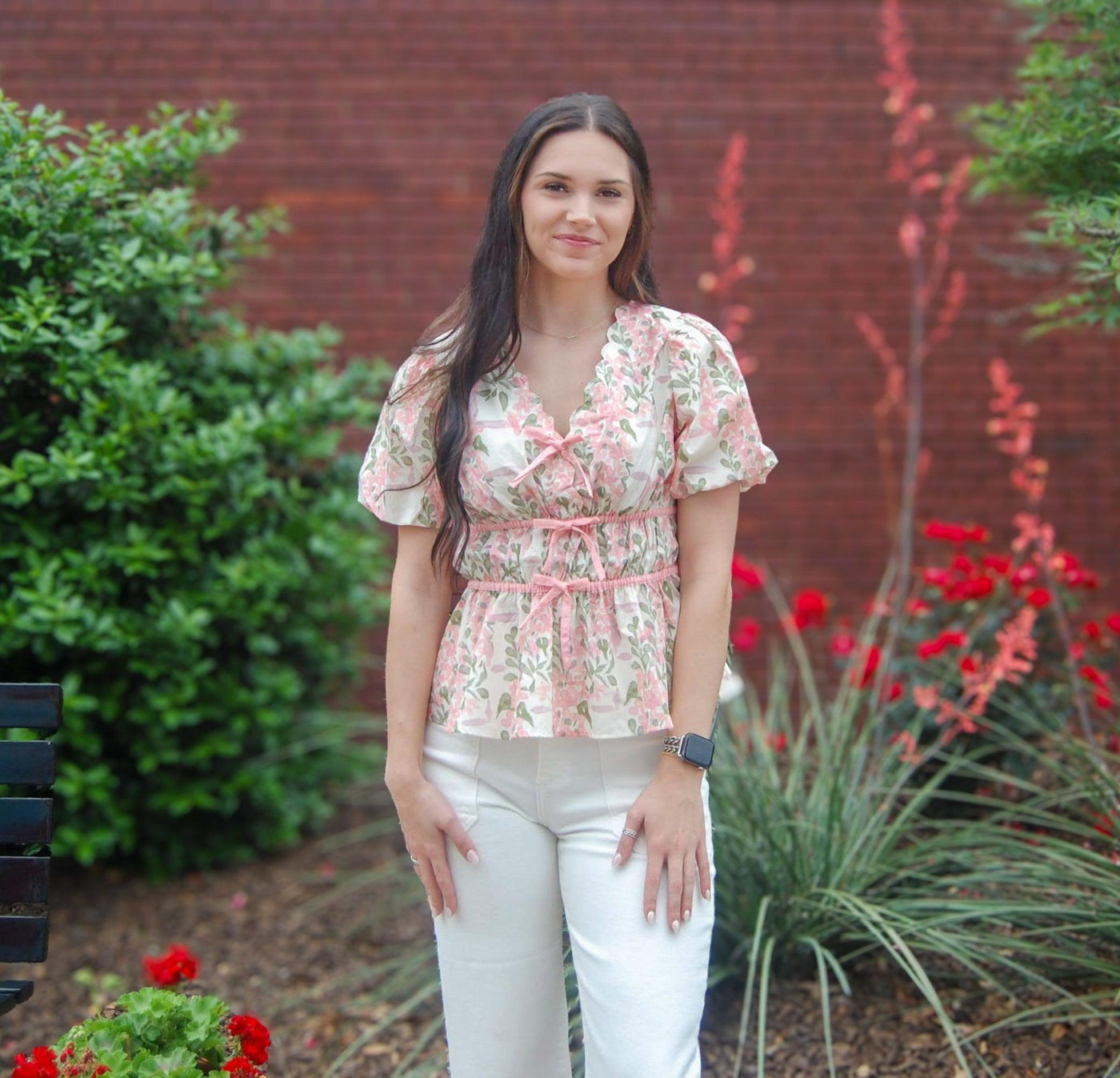 Puff Sleeve Floral Print Top-Blue,clothing,Floral,Floral Print,Pink,Puff Sleeve,Ribbon Strap Detail,Sale,Spring Floral,Surplice,Surplice Front,Tops,Women,women's-[option4]-[option5]-[option6]-Bella Bliss Boutique in Texas
