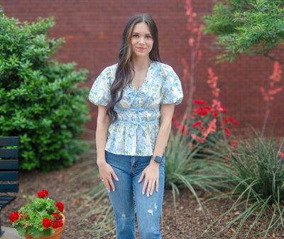 Puff Sleeve Floral Print Top-Blue,clothing,Floral,Floral Print,Pink,Puff Sleeve,Ribbon Strap Detail,Sale,Spring Floral,Surplice,Surplice Front,Tops,Women,women's-[option4]-[option5]-[option6]-Bella Bliss Boutique in Texas