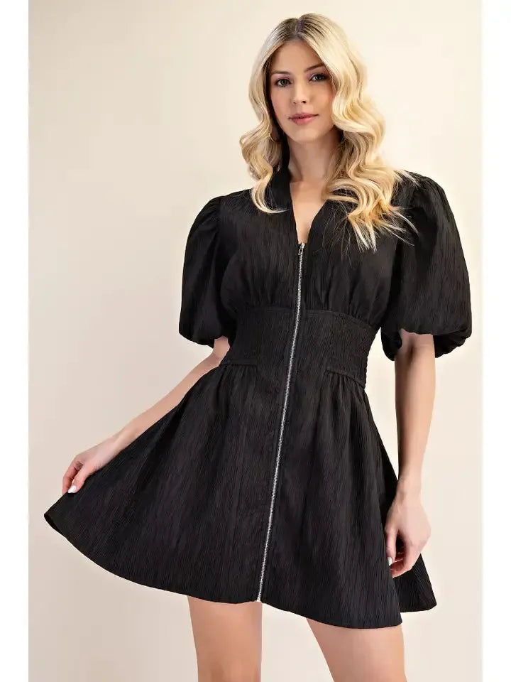 Puff Sleeve Front Zip Mini Dress-Black,clothing,dress,dresses,Front Zip,Mini Dress,Puff Sleeve,V-Neck,Women,women's,Zip Front-S-[option4]-[option5]-[option6]-Bella Bliss Boutique in Texas