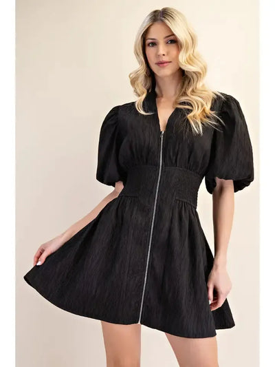 Puff Sleeve Front Zip Mini Dress-Black,clothing,dress,dresses,Front Zip,Mini Dress,Puff Sleeve,V-Neck,Women,women's,Zip Front-S-[option4]-[option5]-[option6]-Bella Bliss Boutique in Texas