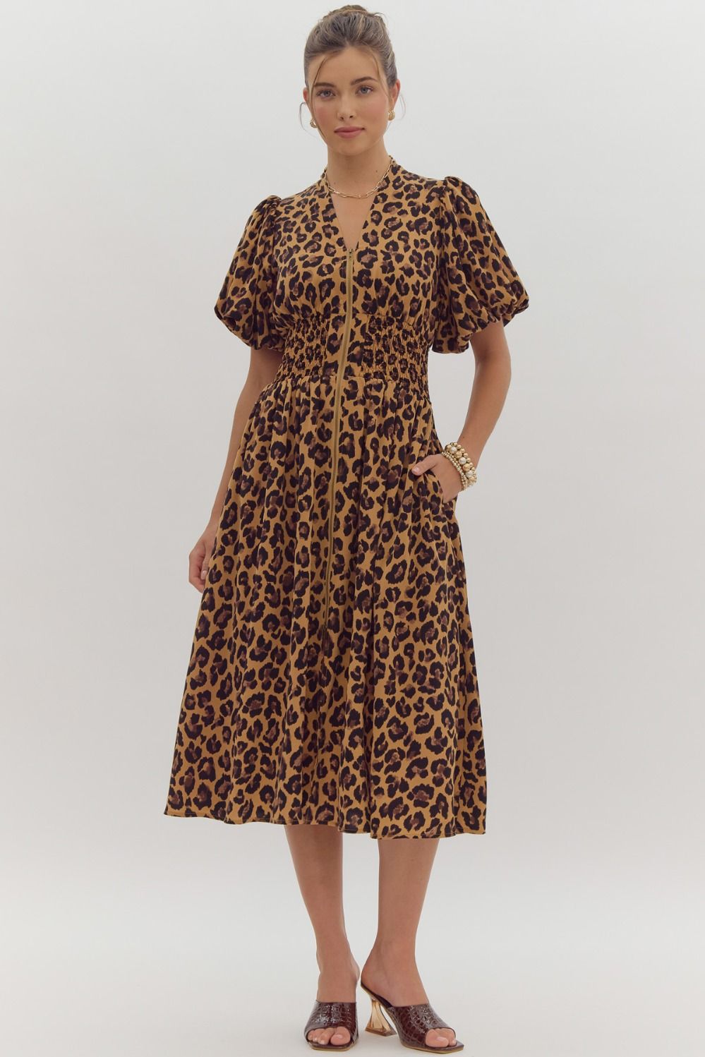 Puff Sleeve Leopard Midi Dress-Animal Print, Camel, clothing, dress, dresses, Ecru, leopard, Leopard Print, Midi Dress, Puff Sleeve, Sale, V-Neck, Women, women's-S-[option4]-[option5]-[option6]-Bella Bliss Boutique in Texas