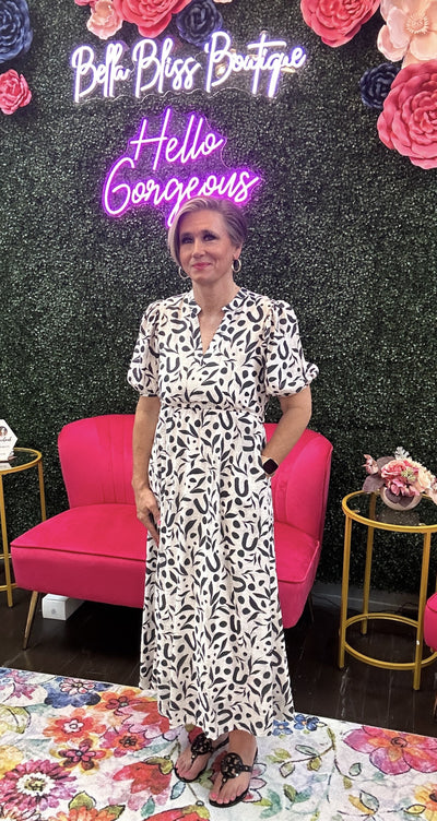 Puff Sleeve Print Maxi Dress-Black & White,clothing,dress,dresses,Maxi Dress,Puff Sleeve,Sale,Women,women's-XS-[option4]-[option5]-[option6]-Bella Bliss Boutique in Texas