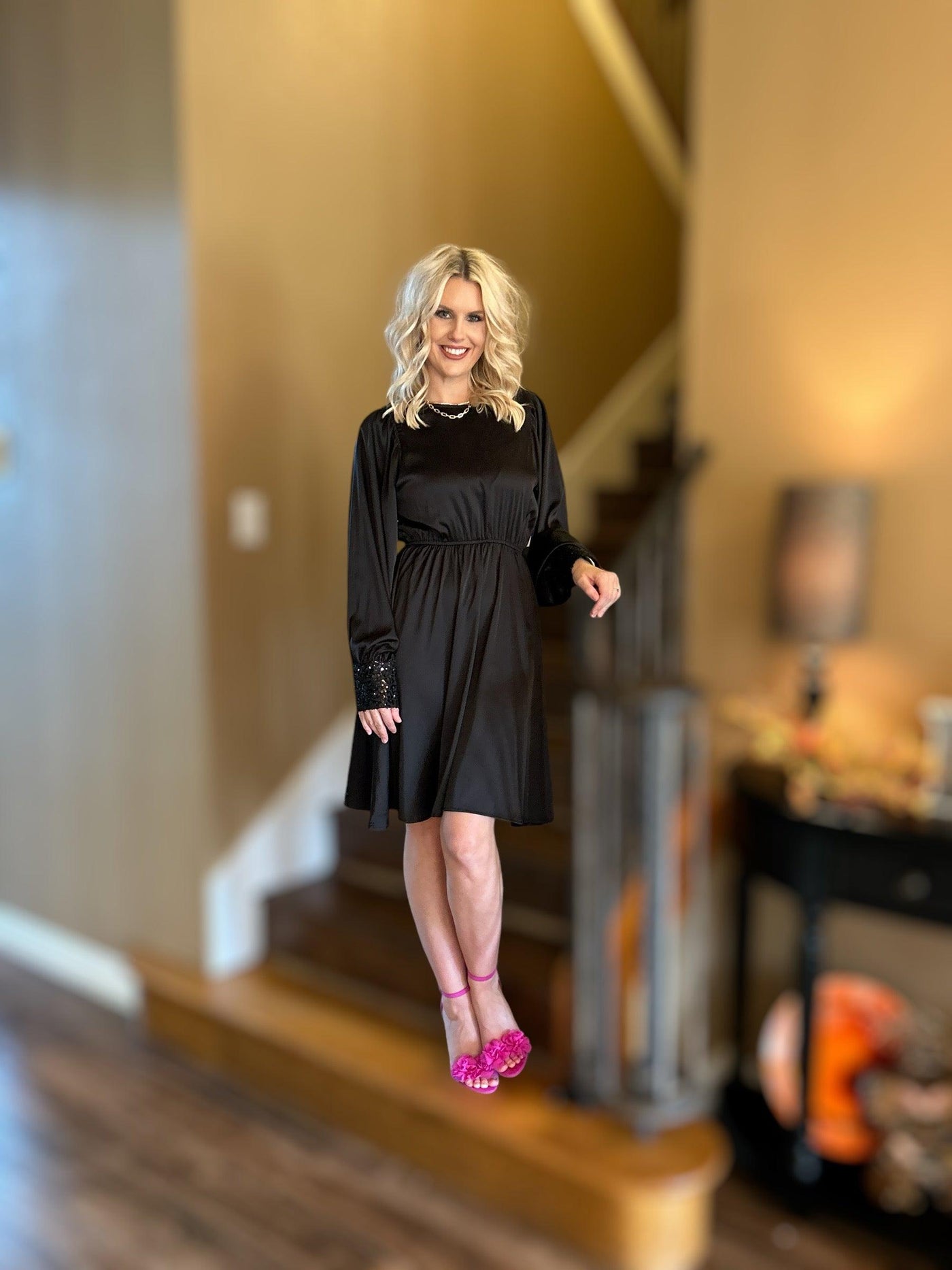 Puff Sleeve Satin Midi Dress-Black, clothing, dress, dresses, Midi Dress, Puff Sleeve, Satin, Satin Dress, Sequin Detail, Women, women's-S-[option4]-[option5]-[option6]-Bella Bliss Boutique in Texas