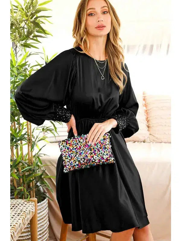 Puff Sleeve Satin Midi Dress-Black, clothing, dress, dresses, Midi Dress, Puff Sleeve, Satin, Satin Dress, Sequin Detail, Women, women's-[option4]-[option5]-[option6]-Bella Bliss Boutique in Texas