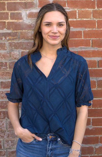 Puff Sleeve Split Neck Lace Top-blouse,blouses,Cami,Camisole,clothing,Lace Detail,Lovestitch,Puff Sleeve,Ruffle Trim,Split Neckline,Split V-Neck,Top,Tops,V-Neck,Women,women's-[option4]-[option5]-[option6]-Bella Bliss Boutique in Texas