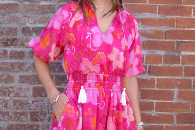 Puff Sleeve Tiered Maxi Dress-clothing,dress,dresses,Floral,Floral Print,Maxi Dress,Pink,Puff Sleeve,Tie Neck,Tiered Dress,Women,women's,Woven Dress-[option4]-[option5]-[option6]-Bella Bliss Boutique in Texas