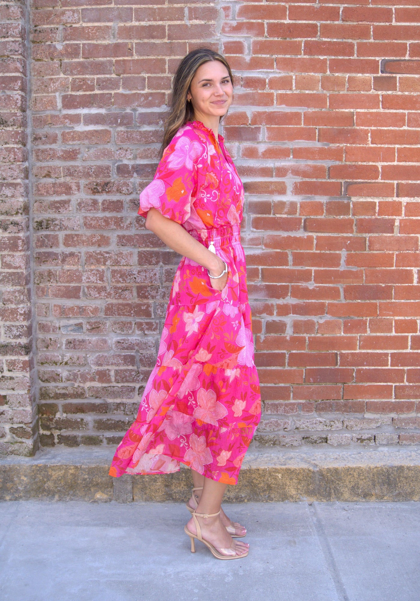 Puff Sleeve Tiered Maxi Dress-clothing,dress,dresses,Floral,Floral Print,Maxi Dress,Pink,Puff Sleeve,Tie Neck,Tiered Dress,Women,women's,Woven Dress-[option4]-[option5]-[option6]-Bella Bliss Boutique in Texas