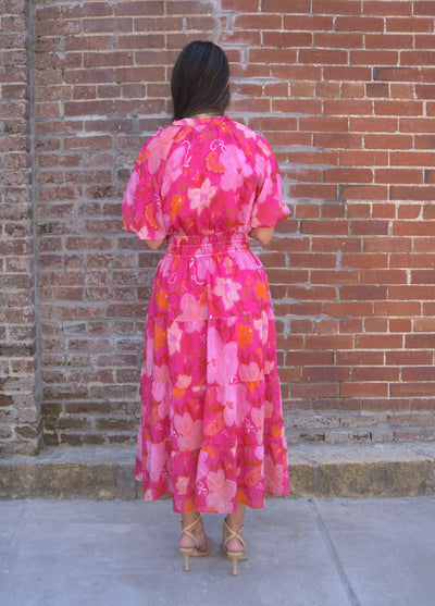 Puff Sleeve Tiered Maxi Dress-clothing,dress,dresses,Floral,Floral Print,Maxi Dress,Pink,Puff Sleeve,Tie Neck,Tiered Dress,Women,women's,Woven Dress-[option4]-[option5]-[option6]-Bella Bliss Boutique in Texas