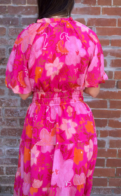 Puff Sleeve Tiered Maxi Dress-clothing,dress,dresses,Floral,Floral Print,Maxi Dress,Pink,Puff Sleeve,Tie Neck,Tiered Dress,Women,women's,Woven Dress-[option4]-[option5]-[option6]-Bella Bliss Boutique in Texas