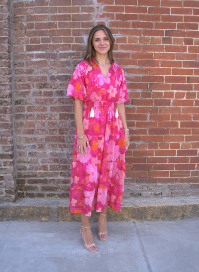 Puff Sleeve Tiered Maxi Dress-clothing,dress,dresses,Floral,Floral Print,Maxi Dress,Pink,Puff Sleeve,Tie Neck,Tiered Dress,Women,women's,Woven Dress-[option4]-[option5]-[option6]-Bella Bliss Boutique in Texas
