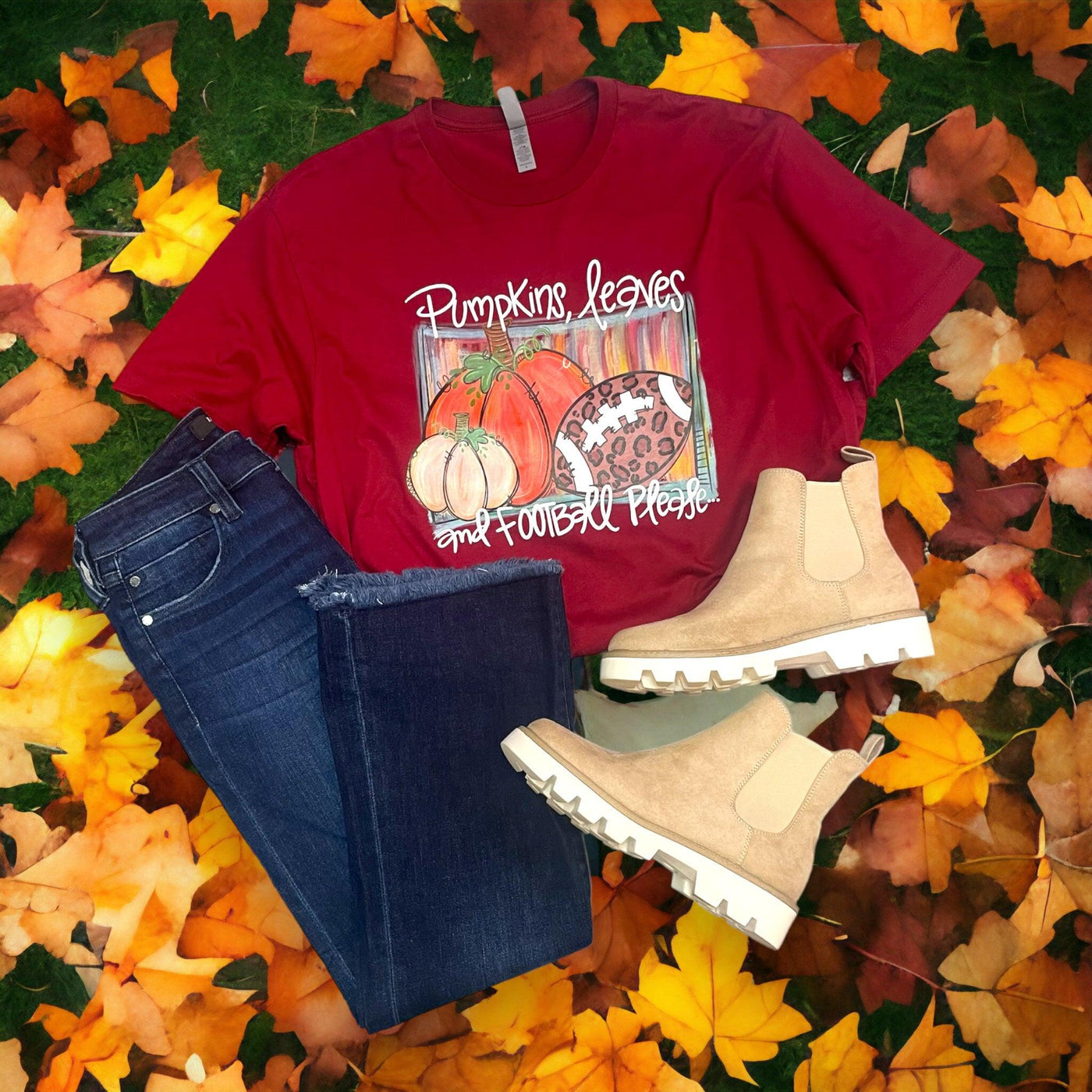 Pumpkins, Leaves & Football Please Tee-Cardinal Red, clothing, Curvy, Fall, Sale, T-Shirt, Top, Tops, Women, women's-L-[option4]-[option5]-[option6]-Bella Bliss Boutique in Texas