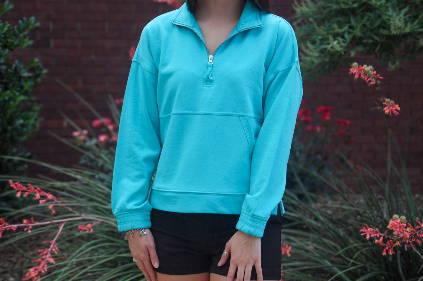 Quarter Zip Kangaroo Pocket Top-Aqua,clothing,Curvy,Kangaroo Pocket,Quarter Zip,Top,Tops,Women,women's-[option4]-[option5]-[option6]-Bella Bliss Boutique in Texas
