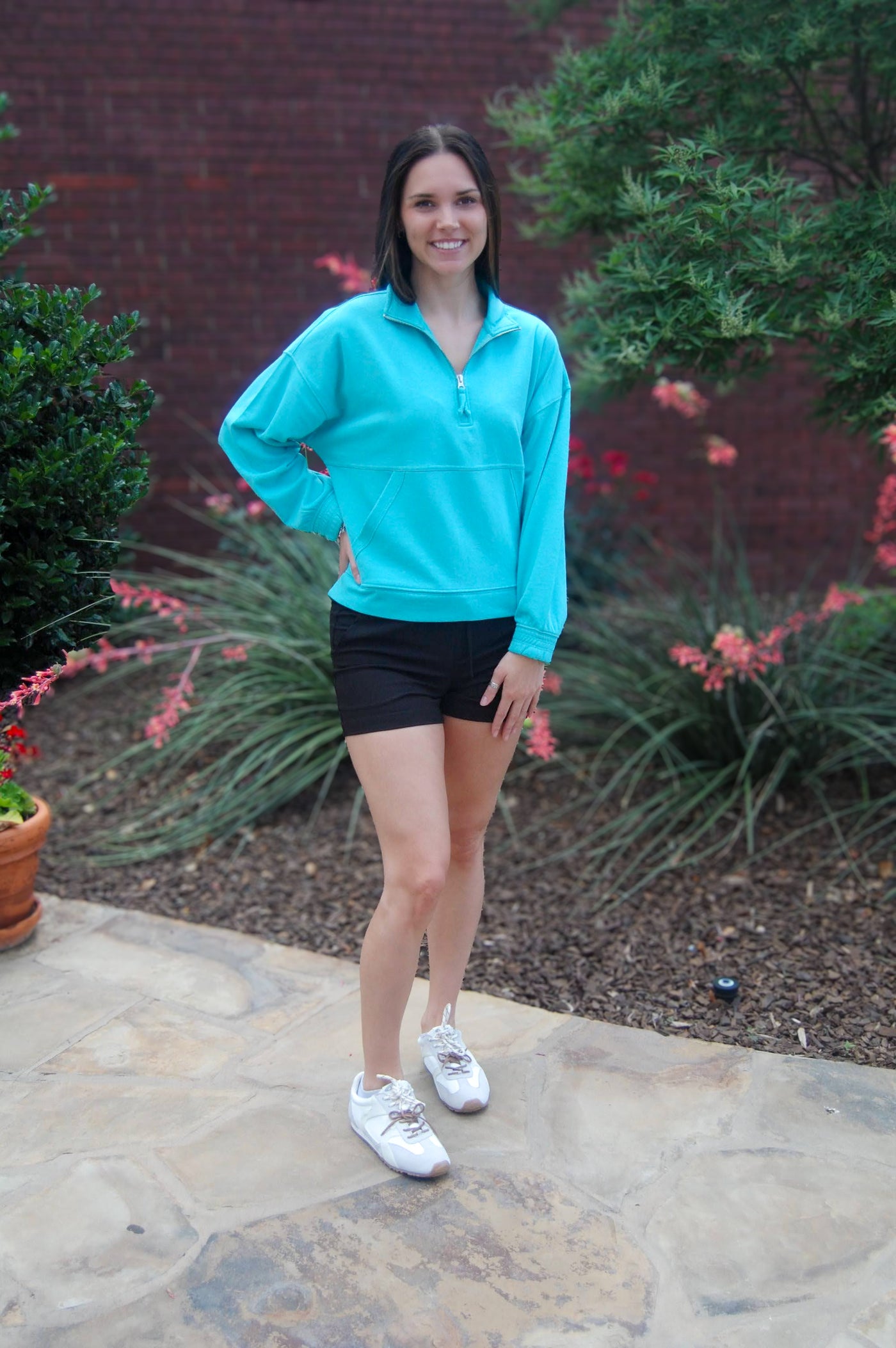 Quarter Zip Kangaroo Pocket Top-Aqua,clothing,Curvy,Kangaroo Pocket,Quarter Zip,Top,Tops,Women,women's-[option4]-[option5]-[option6]-Bella Bliss Boutique in Texas