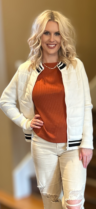 Quilted Front Zip Sweater-clothing,Coats & Jackets,Front Zip,jacket,Jackets,Outerwear,Porcelain,Quilted,Sweater,Sweaters,Top,Tops,Women,women's-[option4]-[option5]-[option6]-Bella Bliss Boutique in Texas