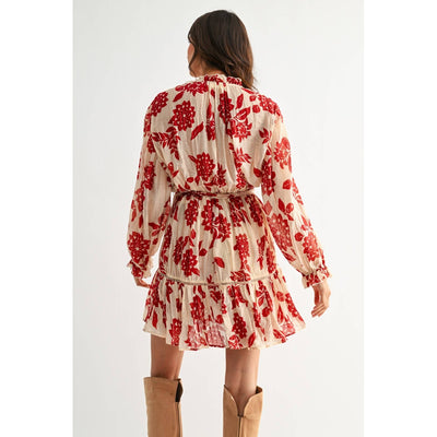 RED FLORAL PRINT LONG SLEEVE DRESS-clothing,dress,dresses,Floral,Floral Print,Long Sleeve,Mini Dress,Party Dress,Self Tie Belt,Split Neckline,Split V-Neck,Women,women's-[option4]-[option5]-[option6]-Bella Bliss Boutique in Texas