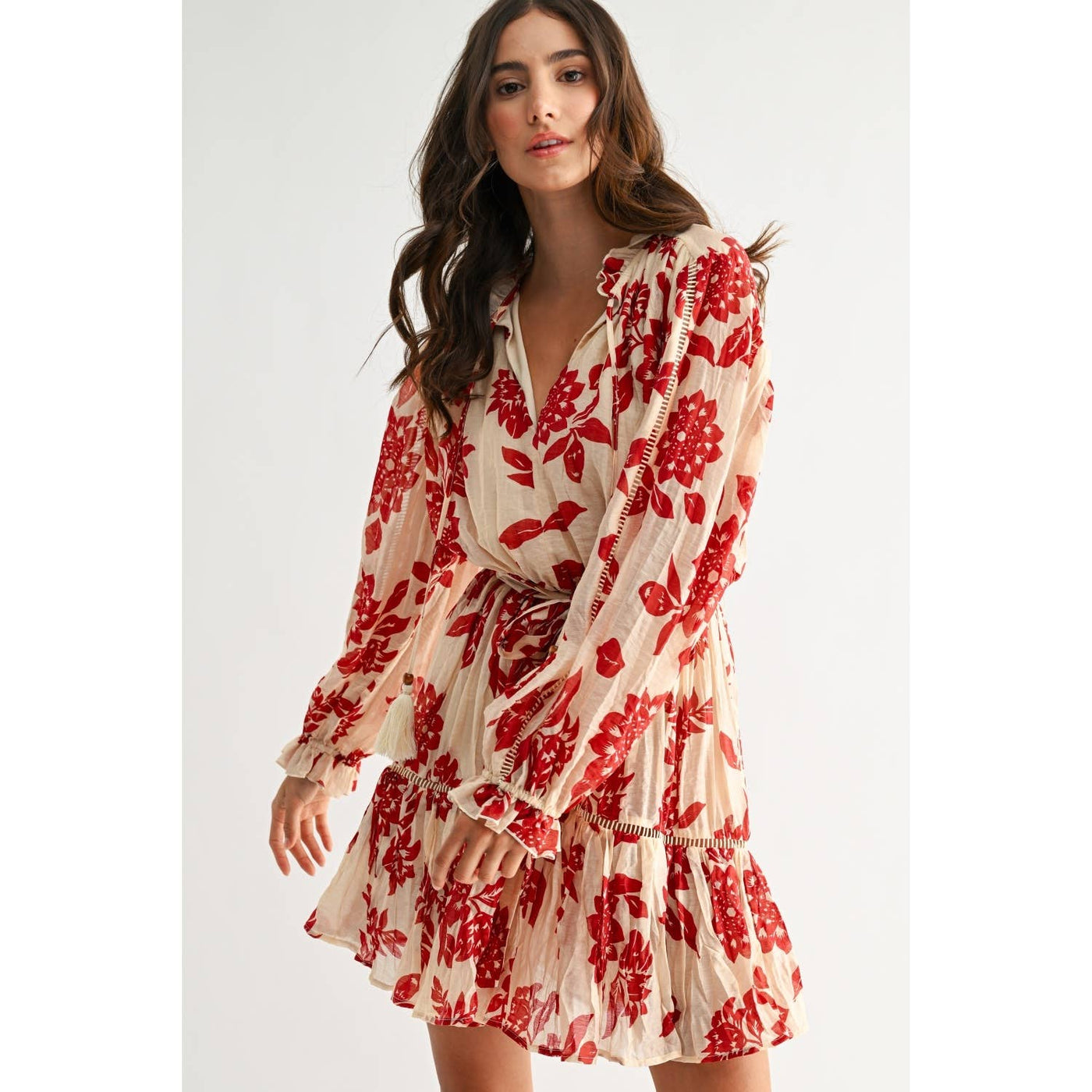 RED FLORAL PRINT LONG SLEEVE DRESS-clothing,dress,dresses,Floral,Floral Print,Long Sleeve,Mini Dress,Party Dress,Self Tie Belt,Split Neckline,Split V-Neck,Women,women's-[option4]-[option5]-[option6]-Bella Bliss Boutique in Texas