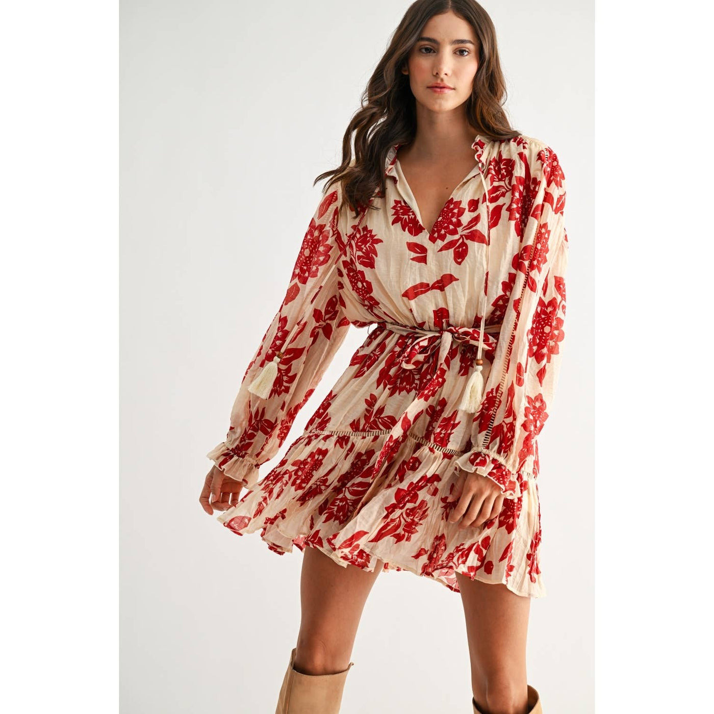 RED FLORAL PRINT LONG SLEEVE DRESS-clothing,dress,dresses,Floral,Floral Print,Long Sleeve,Mini Dress,Party Dress,Self Tie Belt,Split Neckline,Split V-Neck,Women,women's-[option4]-[option5]-[option6]-Bella Bliss Boutique in Texas