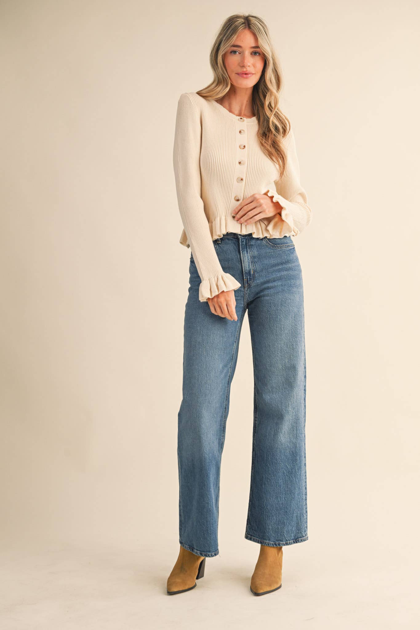 RUFFLE HEM RIBBED KNIT CARDIGAN-button down,Button Front,Cardigan Sweater,clothing,Knit Sweater,Lightweight Sweater,Long Sleeve,Outerwear,Ruffle Detail Top,Ruffle Sleeve,Ruffle Trim,Sweater,Sweaters,Top,Tops,Women,women's-[option4]-[option5]-[option6]-Bella Bliss Boutique in Texas