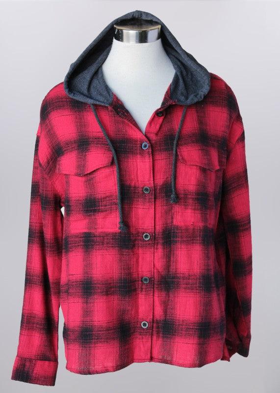 Red Plaid Hooded Top-button down, Button Front, Button Up, buttondown, clothing, Hooded, Long Sleeve, plaid, Red, Top, Tops, Women, women's-S-[option4]-[option5]-[option6]-Bella Bliss Boutique in Texas