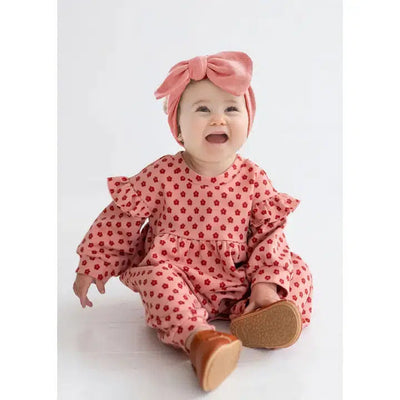 Red Velvet Romper-Children & Tweens,children's,clothing,Empire Waist,Floral Print,Infant to 6,Jumpsuits & Rompers,Pink,romper,Rompers,Ruffle Detail-[option4]-[option5]-[option6]-Bella Bliss Boutique in Texas