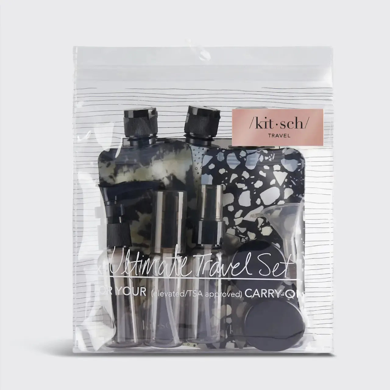 Refillable Ultimate Travel Set-Black & Ivory,Dishwasher Safe,Flat Pouch Bottles,Funnel,Mini Jars,misc,Miscellaneous,Pipette,Pump Bottle,Refillable,Reusable Travel Pouch,Spatula,Spray Bottle,Travel Size,Ultimate Travel Set-[option4]-[option5]-[option6]-Bella Bliss Boutique in Texas