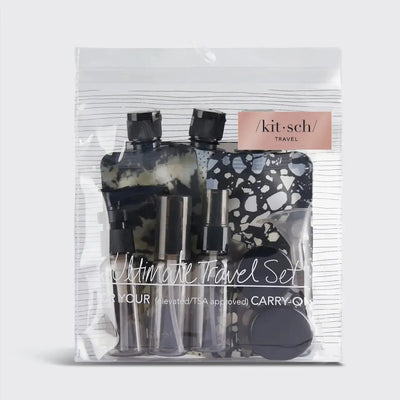 Refillable Ultimate Travel Set-Black & Ivory,Dishwasher Safe,Flat Pouch Bottles,Funnel,Mini Jars,misc,Miscellaneous,Pipette,Pump Bottle,Refillable,Reusable Travel Pouch,Spatula,Spray Bottle,Travel Size,Ultimate Travel Set-[option4]-[option5]-[option6]-Bella Bliss Boutique in Texas