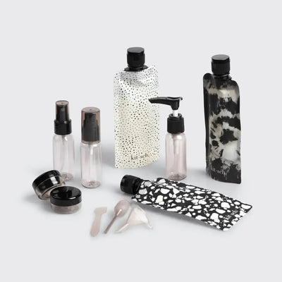 Refillable Ultimate Travel Set-Black & Ivory,Dishwasher Safe,Flat Pouch Bottles,Funnel,Mini Jars,misc,Miscellaneous,Pipette,Pump Bottle,Refillable,Reusable Travel Pouch,Spatula,Spray Bottle,Travel Size,Ultimate Travel Set-[option4]-[option5]-[option6]-Bella Bliss Boutique in Texas