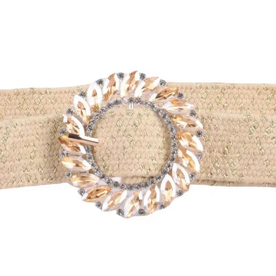 Rhinestone Buckle Stretch Belt-Accessories, Beige, Belt, Belts, Raffia, Rhinestone, Rhinestone Buckle, Women, women's-S/M-[option4]-[option5]-[option6]-Bella Bliss Boutique in Texas